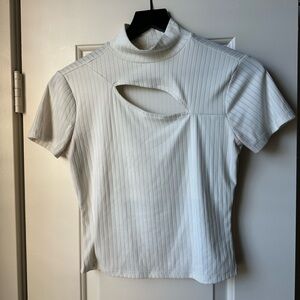 Cutout Rib-Knit Short Sleeve Top - White/Cream - Small
